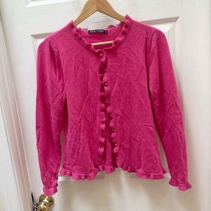 Woolovers Pink Ruffled Cardigan sweater Cashmere wool crew button m medium